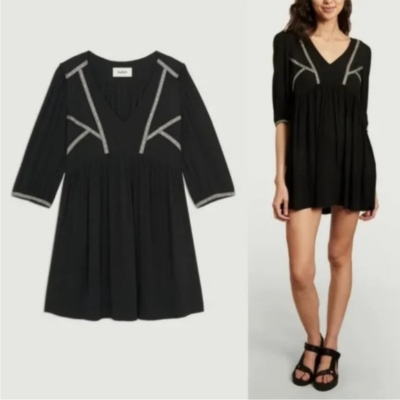 Ba&sh Alma Embroidered Long Sleeve Mini Dress Black White Size M - Picture 3 of 7